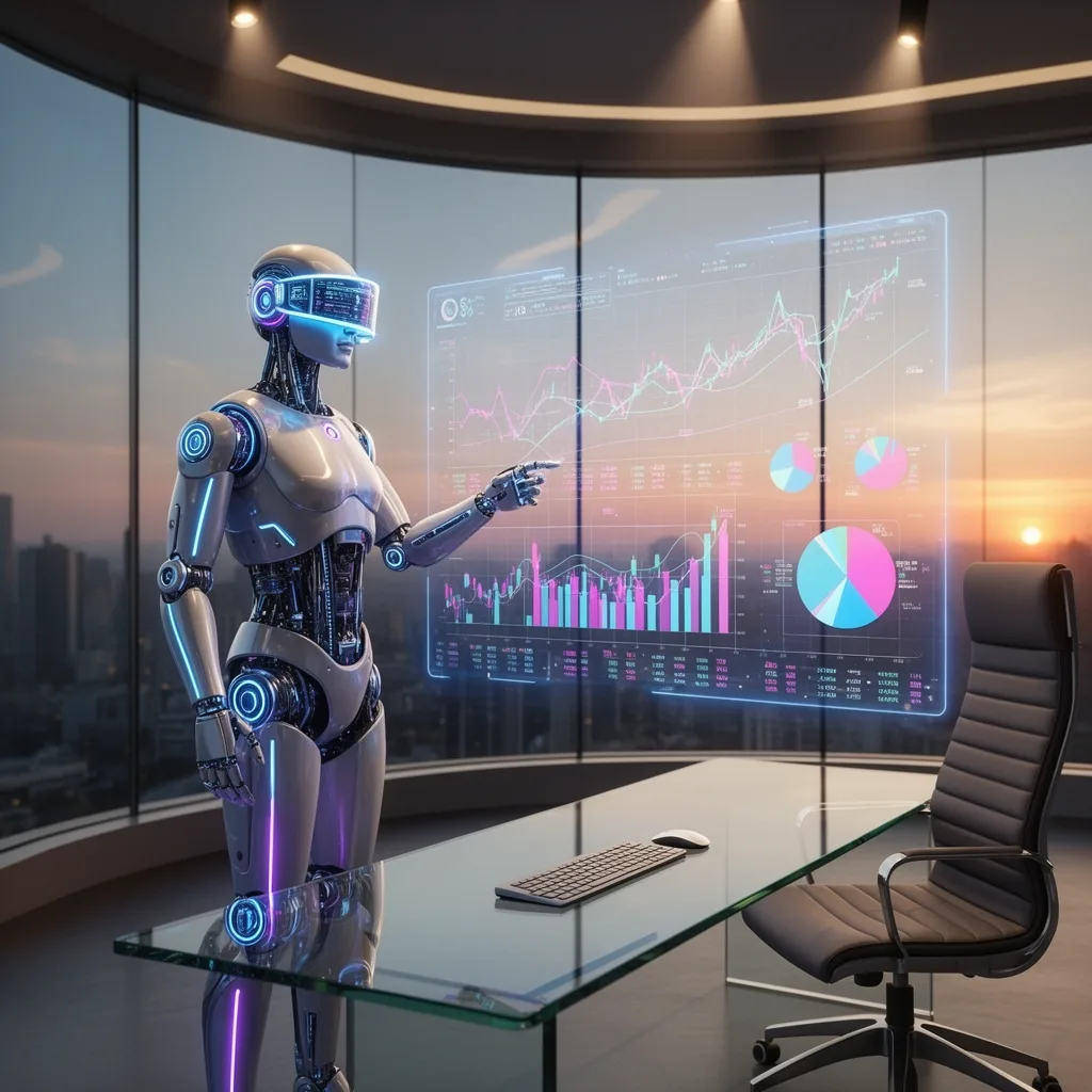 AI robot managing financial charts and graphs
